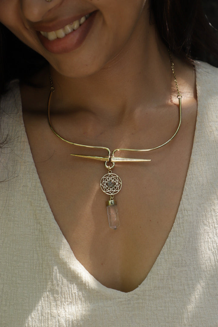 Clear quartz shree yantra necklace + seed of life studs + clear quartz hand cuff (3) combo