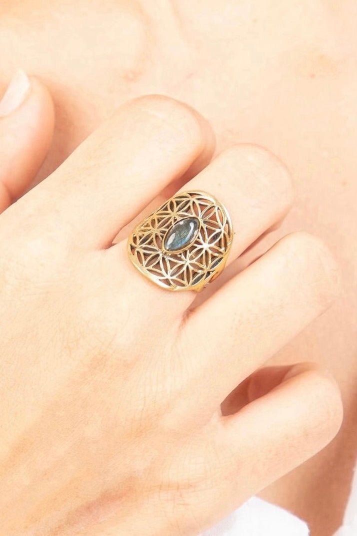 Labradorite flower of life adjustable ring. Size 5-7