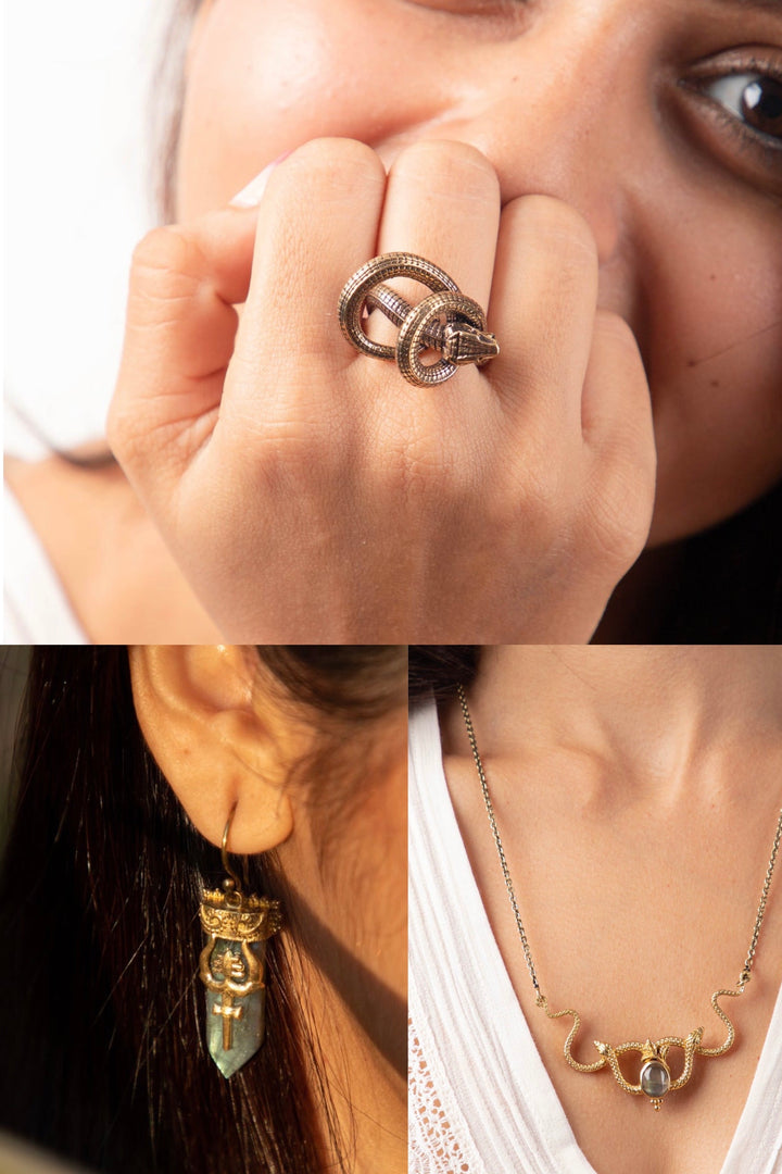 Kundalini twister necklace + serpent ring + trishul labradorite earrings combo of 3 items