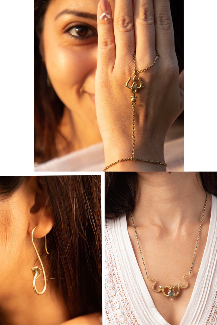 Kundalini twister necklace + Shivohum hoops + trishul connector bracket combo of 3 items