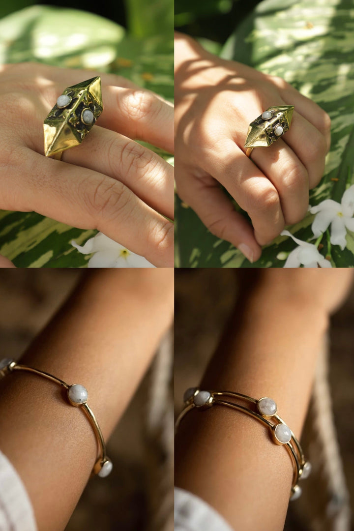 Antique moonstone ring + moonstone bangle combo of 2 items