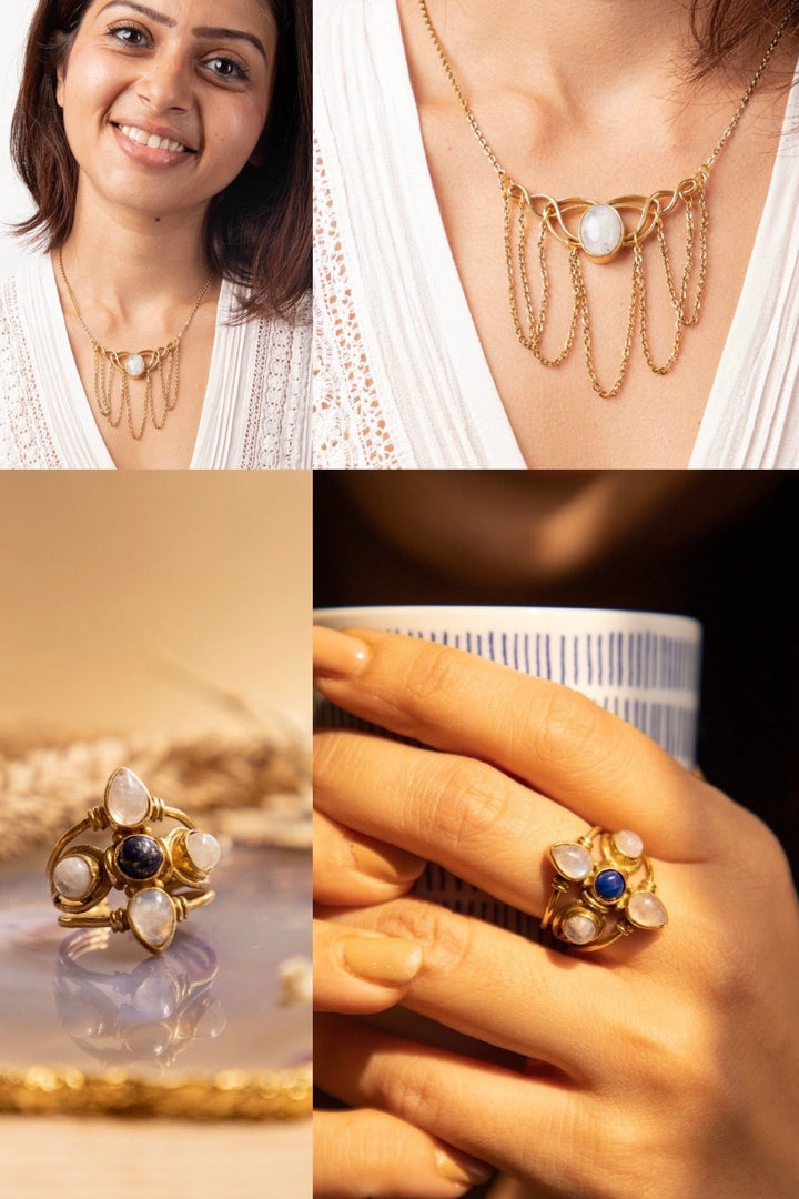 Moonstone gypsy necklace + lapis petal ring adjustable combo of 2 items