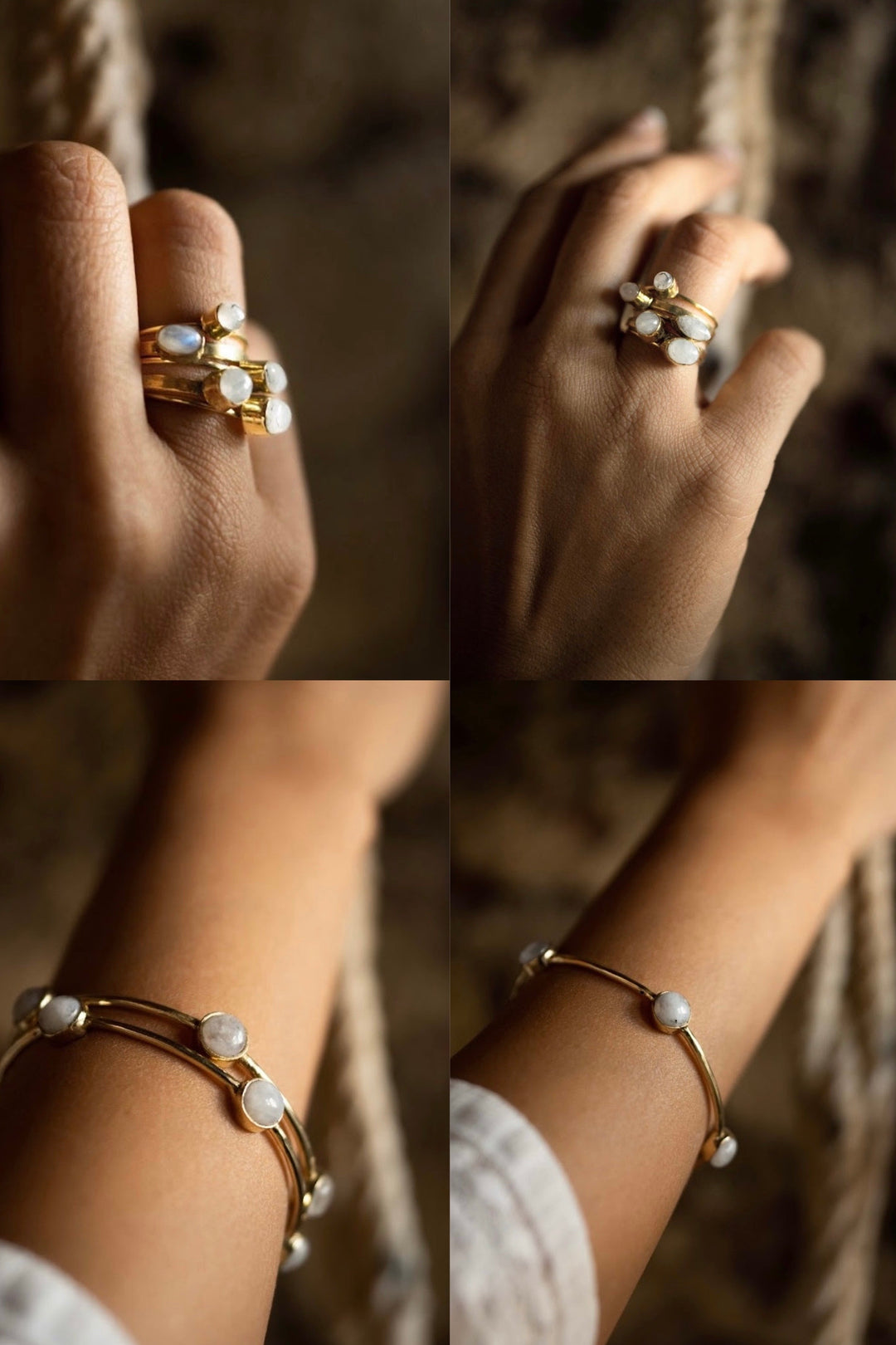 Stackable moonstone ring + moonstone drop bangle combo of 2 items