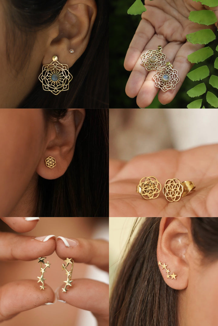 Mandala stud earrings + seed of life stud + star slip on earrings combo(3)
