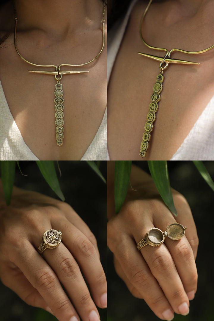 Seven chakra beaten necklace + Celtic star ring (2) combo