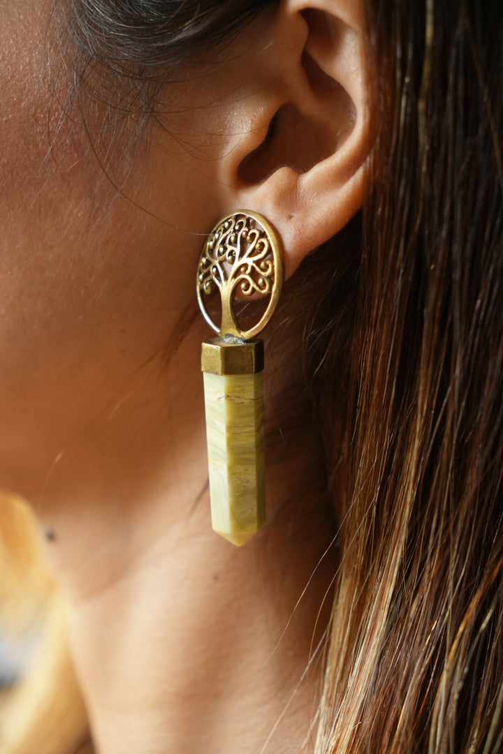 Tree of life crystal drop brass earrings