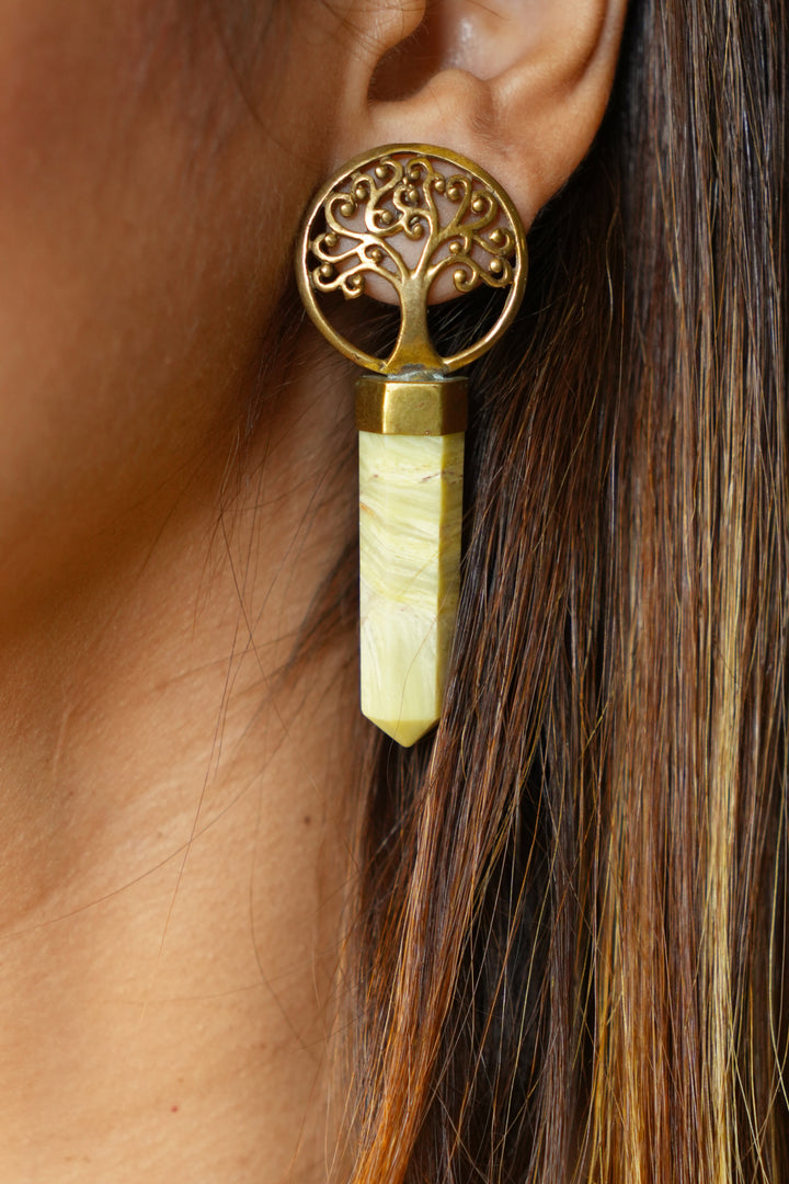 Tree of life crystal drop brass earrings
