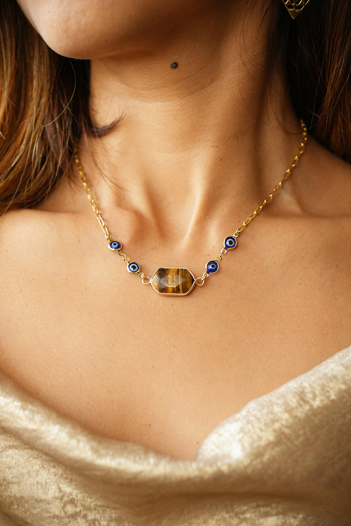 Tiger eye box with Evil eye short necklace: Gold Plated