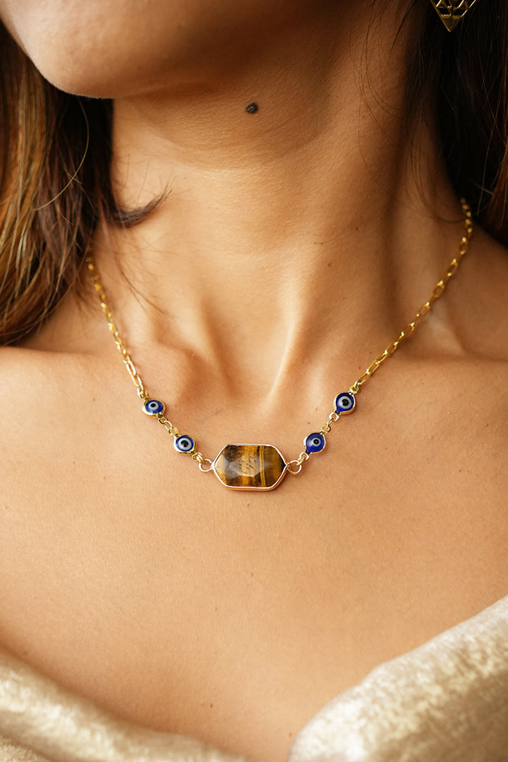 Tiger eye box with Evil eye short necklace: Gold Plated