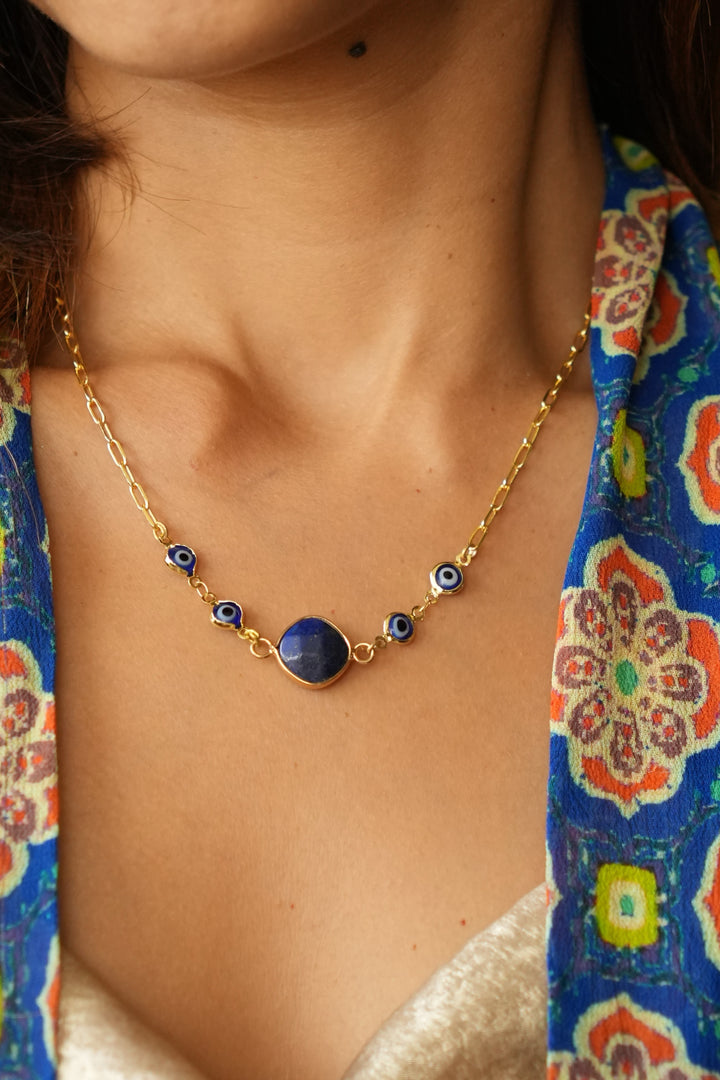 Lapis box with Evil eye short necklace- gold plated