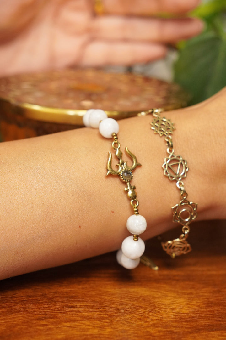 Seven chakra trishul moonstone bracelet stackable combo