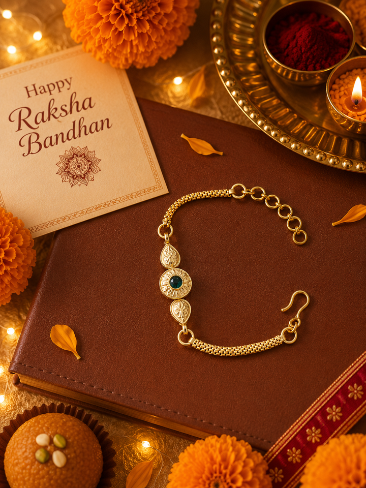 Green Lumba Rakhi with rice, haldi & kum kum dibbi gift pack
