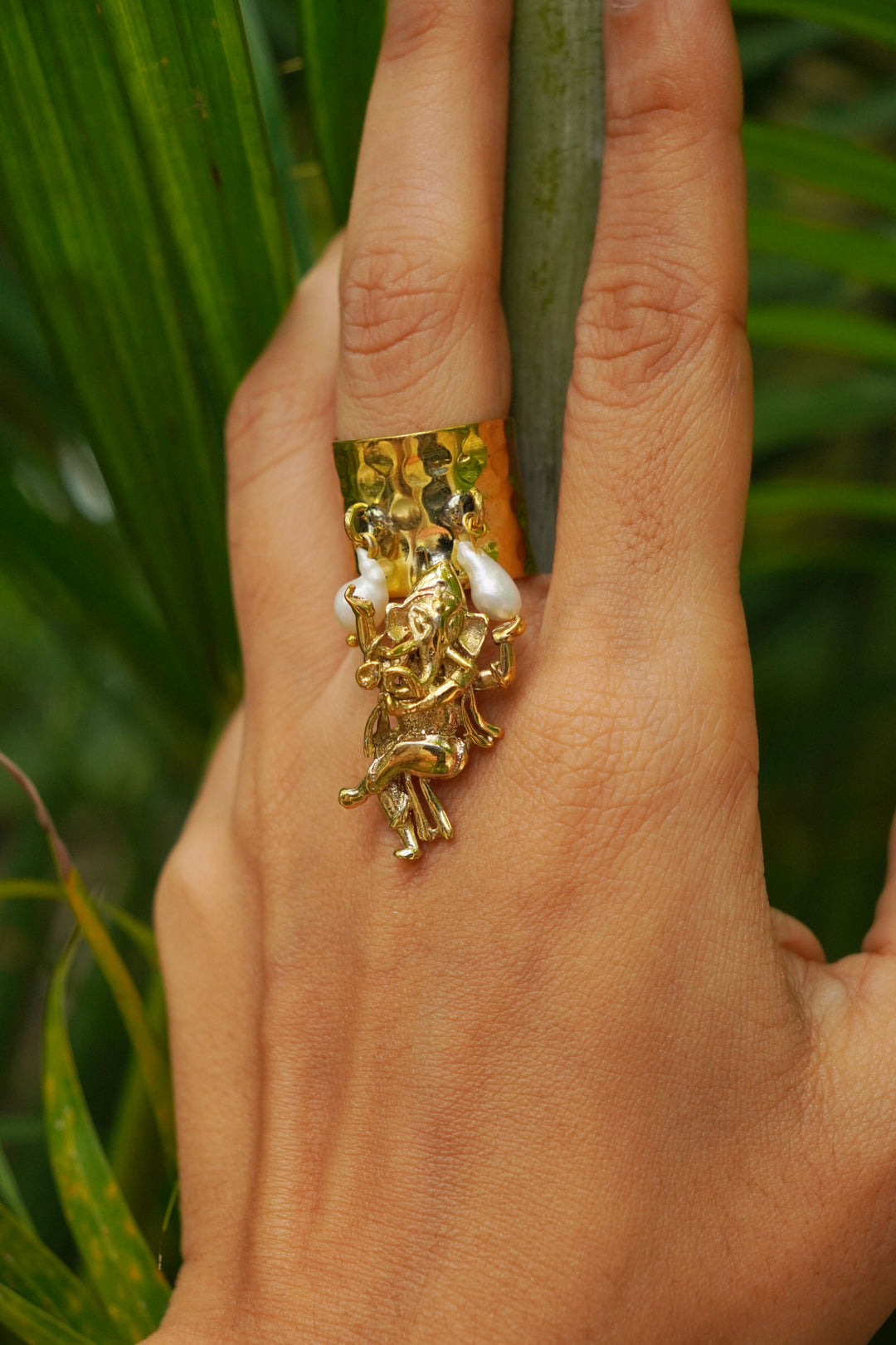 Ganesha pearl brass ring~adjustable