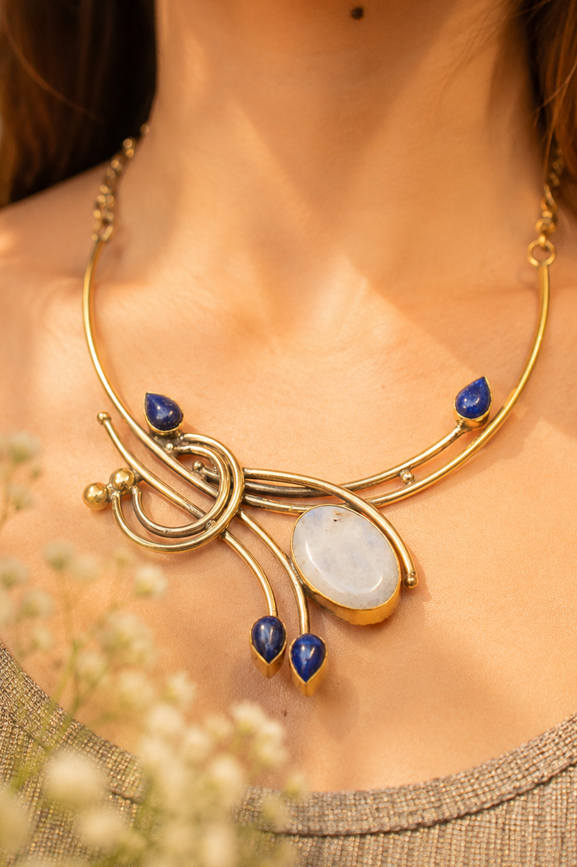 Vintage Necklace with Moonstone and Lapis Lazuli