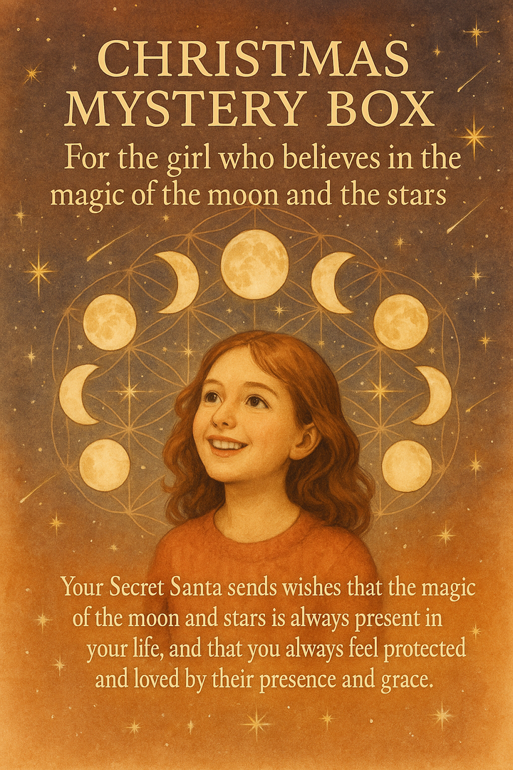 Christmas mystery box-for the girl who believes in magic of the moon and the stars: 3 pieces of jewellery + calming perfume oil + Artistic intention card