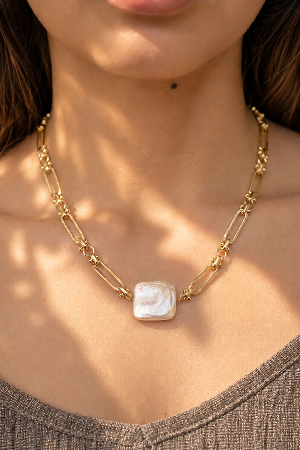 Mother of Pearl contemporary Brass Necklace- Gold plated