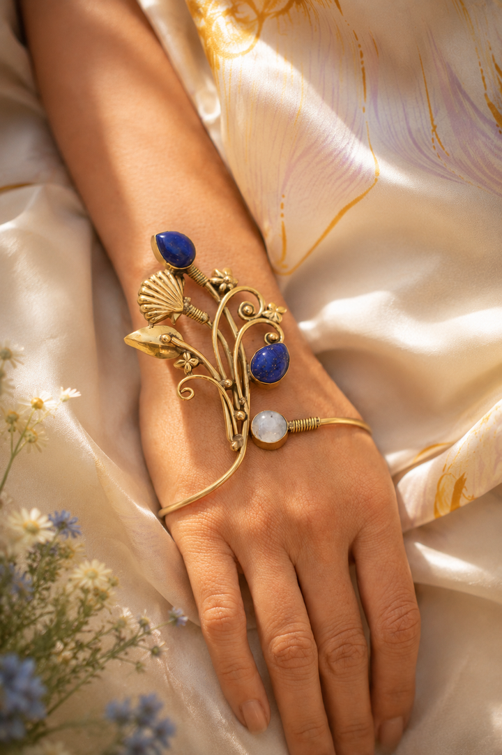 Floral Wine Moonstone and Lapis Lazuli Handcuff- single piece