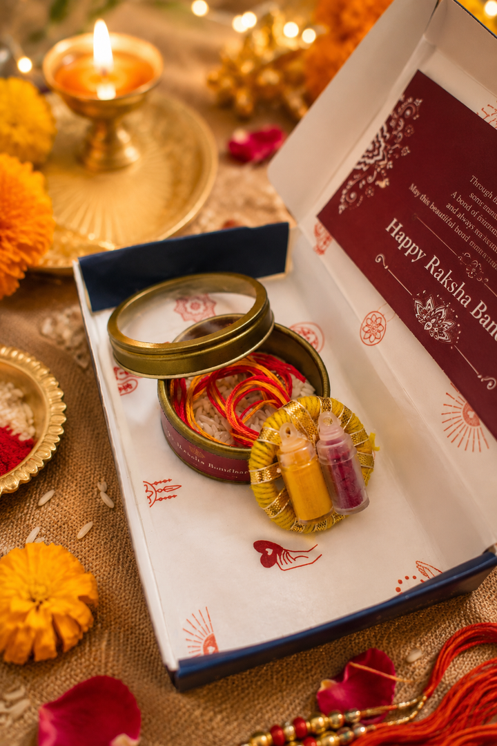 Nazar battu Lumba Rakhi With Rice, Haldi & Kum Kum Dibbi gift pack