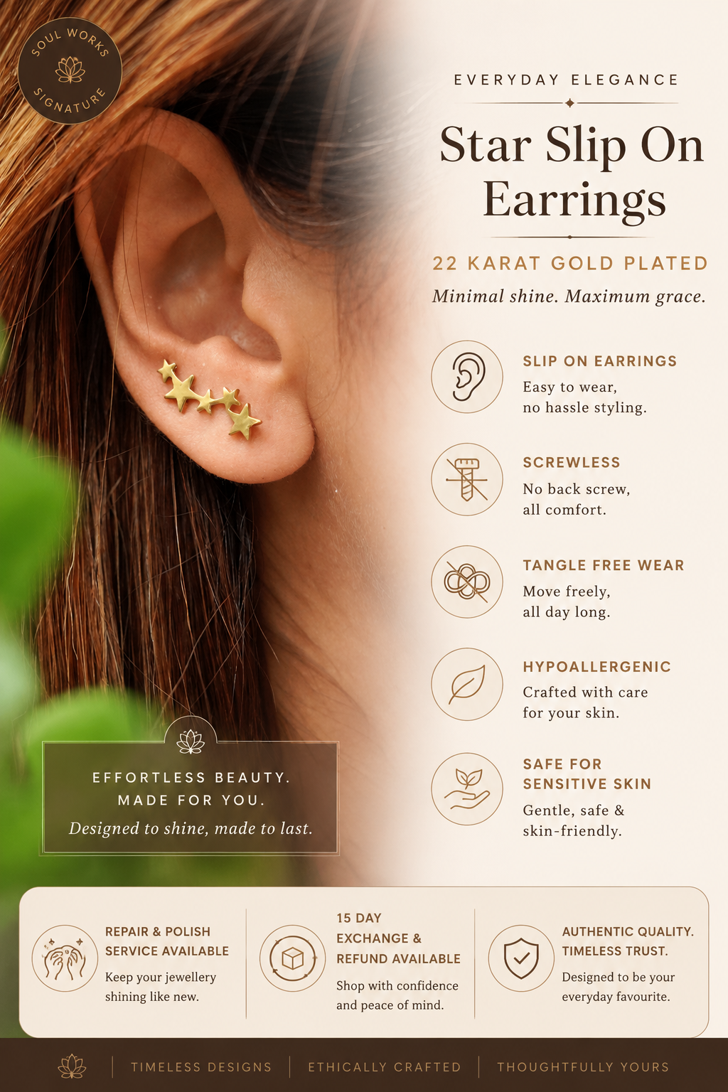 Star slip on brass earring- Gold Plated