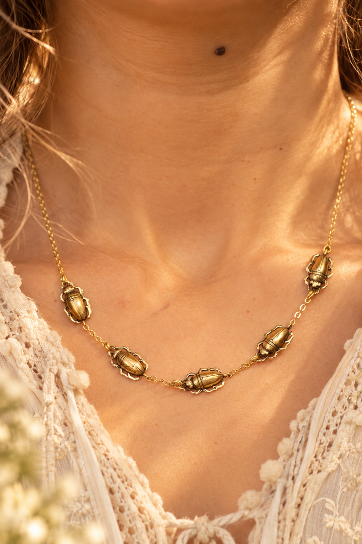 Antique Brass Beetle Necklace