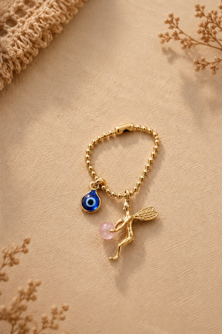 Rose quartz Fairy with Evil- Eye Brass Watch Charm