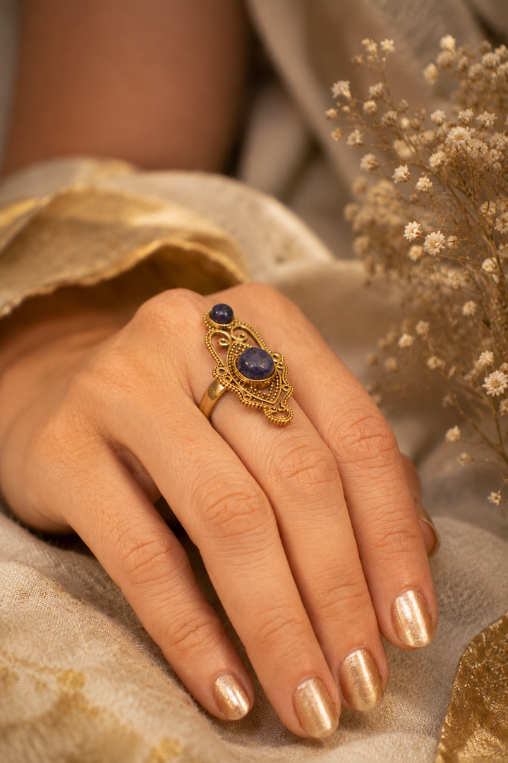 Ethnic Intricate Lapis Brass Ring. Size 5-8| Non-Adjustable
