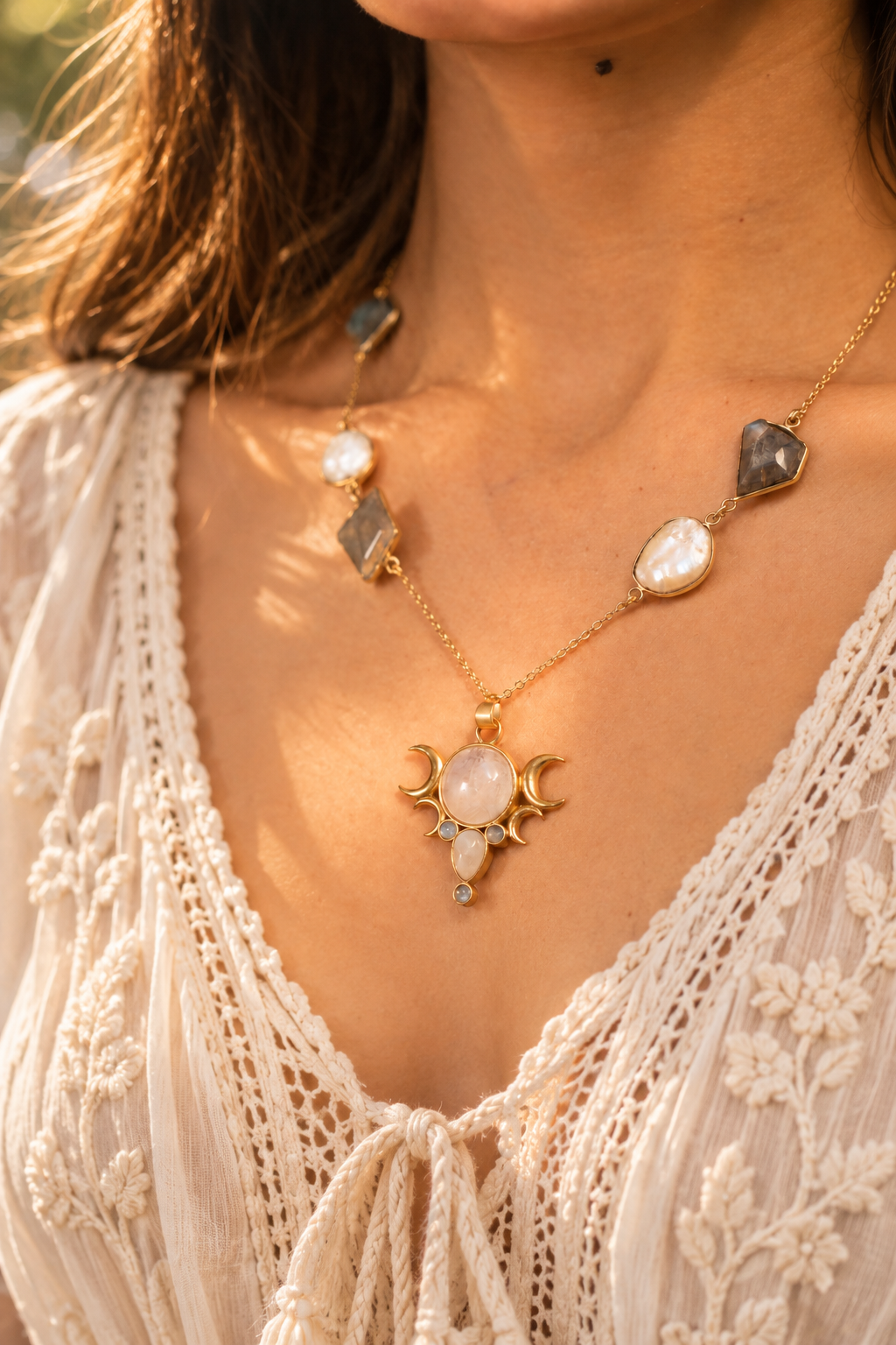 Divine Moon brass Necklace with mother or pearl, moonstone and labradorite