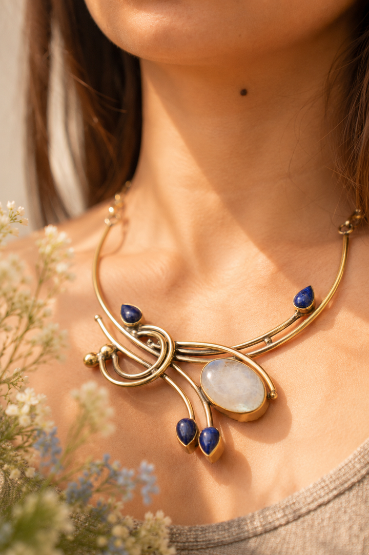 Vintage Necklace with Moonstone and Lapis Lazuli
