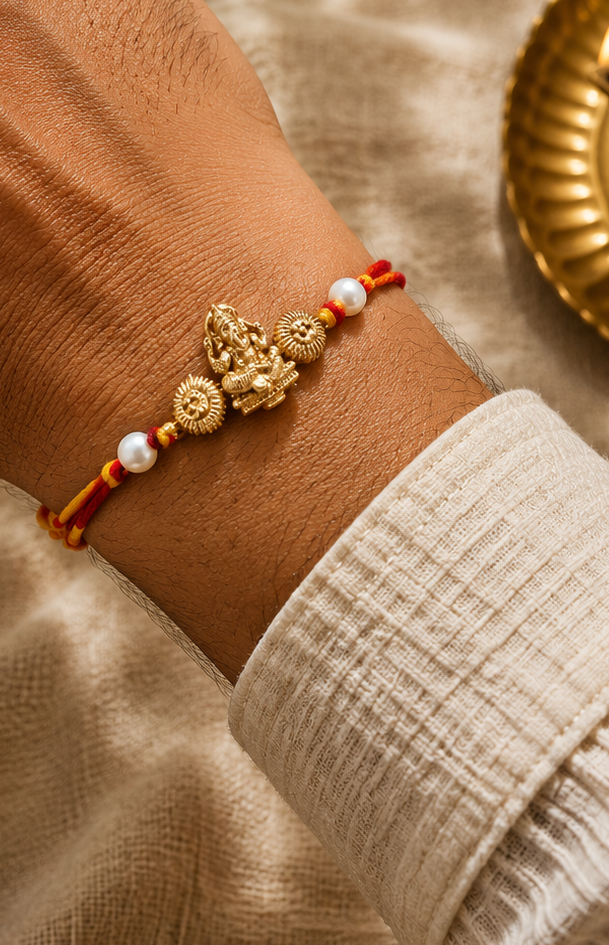 Ganesha brass finish Rakhi rakhi with rice, haldi & kum kum dibbi gift pack.