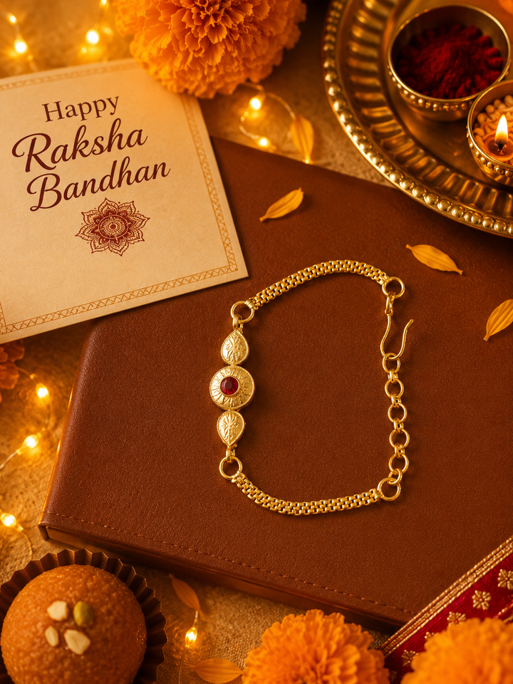 Red Lumba Rakhi with rice, haldi & kum kum dibbi gift pack