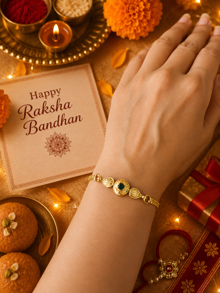 Green Lumba Rakhi with rice, haldi & kum kum dibbi gift pack