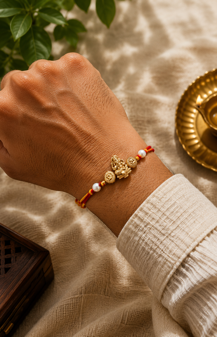 Ganesha brass finish Rakhi rakhi with rice, haldi & kum kum dibbi gift pack.