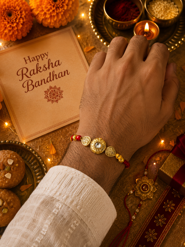 Sparkle Heirloom Rakhi with rice, haldi & kum kum dibbi gift pack