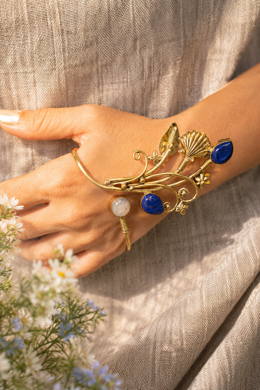 Floral Wine Moonstone and Lapis Lazuli Handcuff- single piece