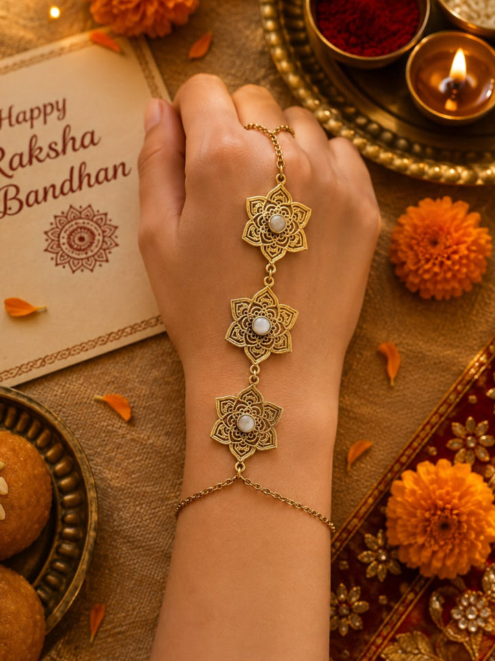 Moonstone Mandala Lumba Rakhi With Rice, Haldi & Kum Kum Dibbi gift pack