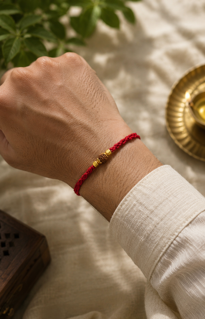 Rudra rakhi in red thread with rice, haldi & kum kum dibbi gift pack.