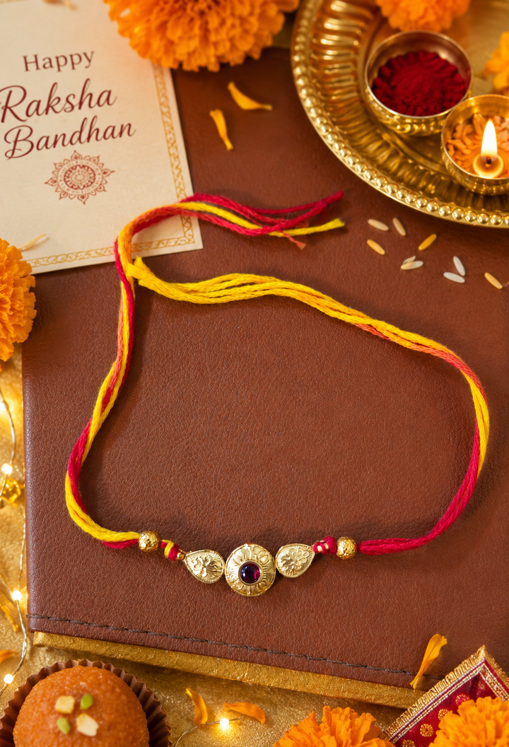 Red Heirloom Rakhi with rice, haldi & kum kum dibbi gift pack