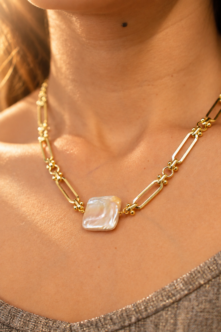 Mother of Pearl contemporary Brass Necklace- Gold plated