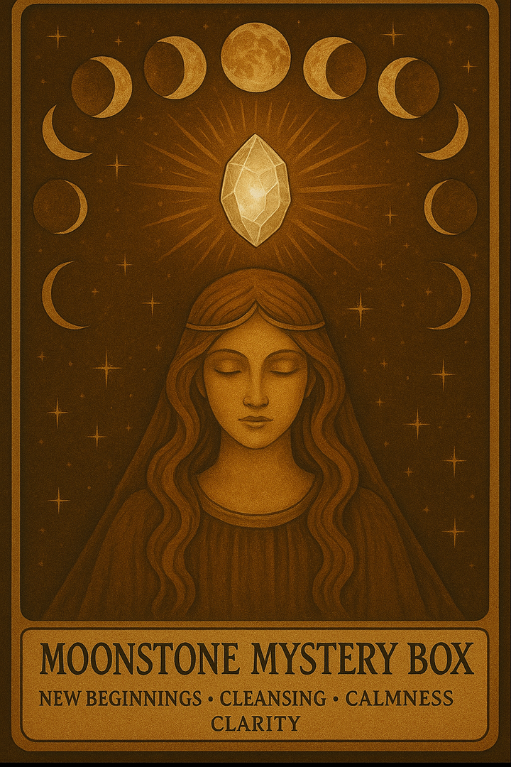 Moonstone mystery box- for new beginings, cleansing, calmness & clarity. 3 pieces of jewellery + manifestation card + calming perfume oil