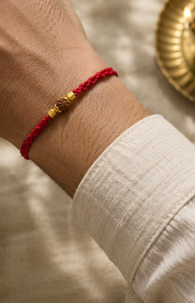 Rudra rakhi in red thread with rice, haldi & kum kum dibbi gift pack.