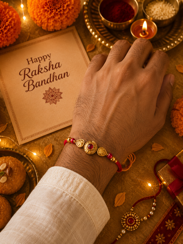 Red Heirloom Rakhi with rice, haldi & kum kum dibbi gift pack