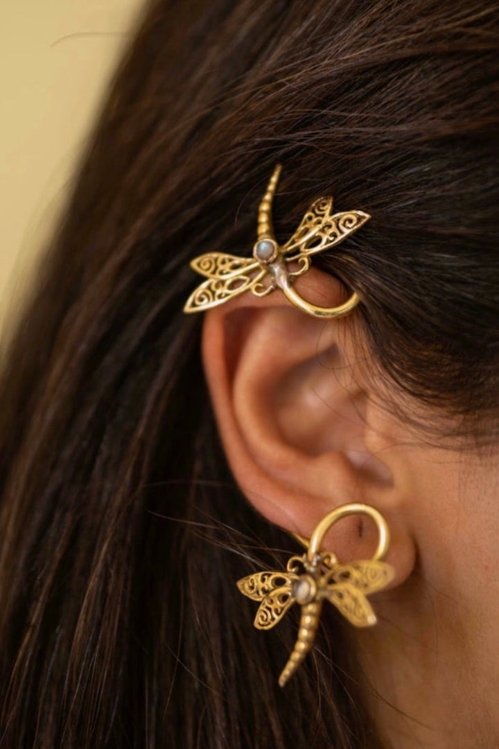 Dragonfly wrap brass earcuff: Pair of 2 pieces