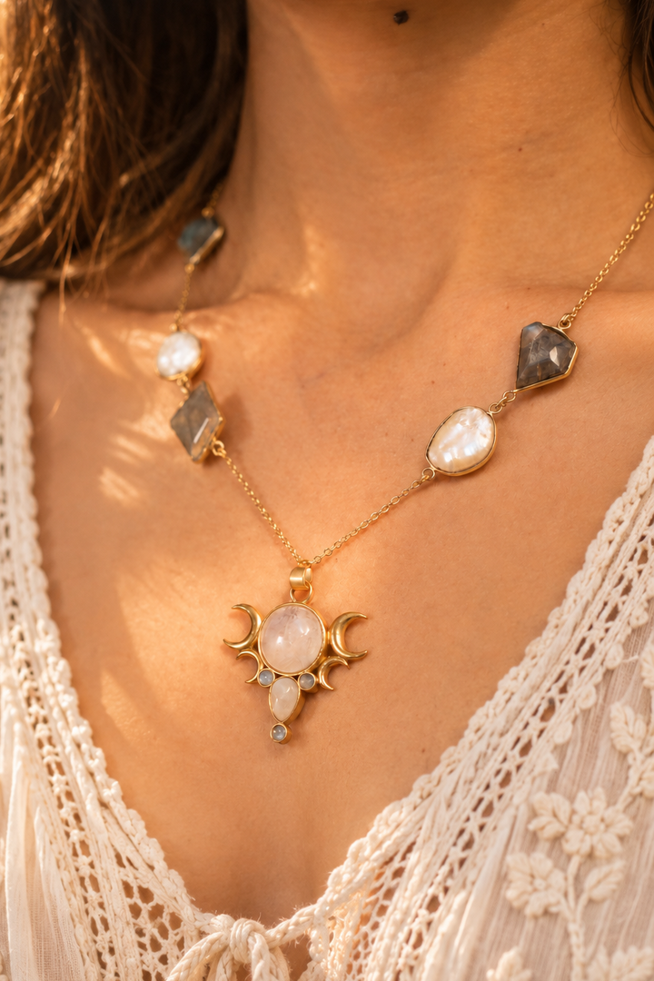 Divine Moon brass Necklace with mother or pearl, moonstone and labradorite