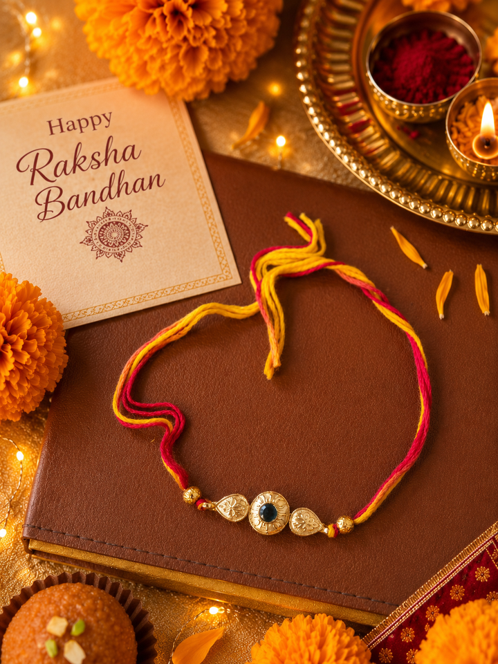 Green Heirloom rakhi with rice, haldi & kum kum dibbi gift pack