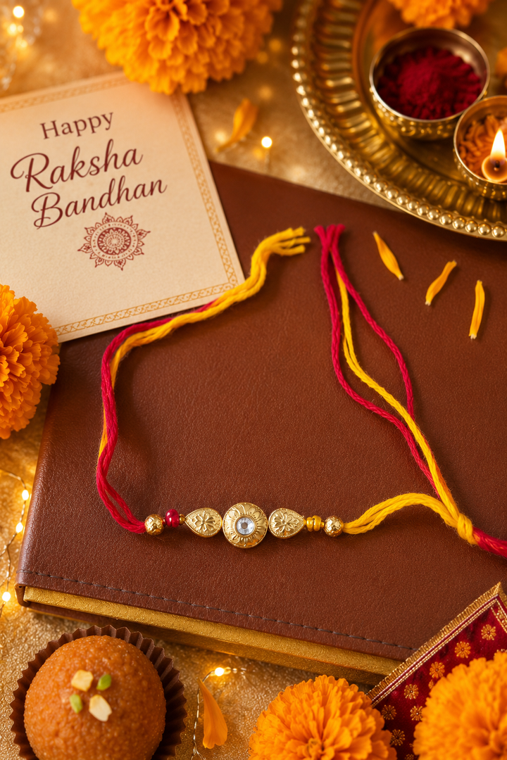 Sparkle Heirloom Rakhi with rice, haldi & kum kum dibbi gift pack