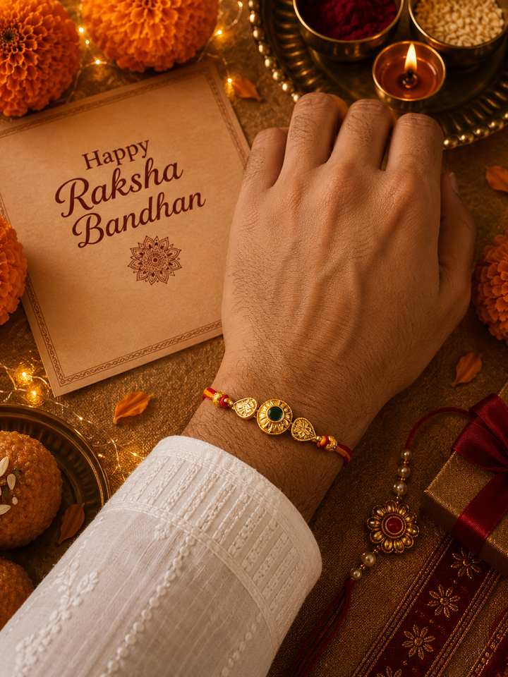 Green Heirloom rakhi with rice, haldi & kum kum dibbi gift pack