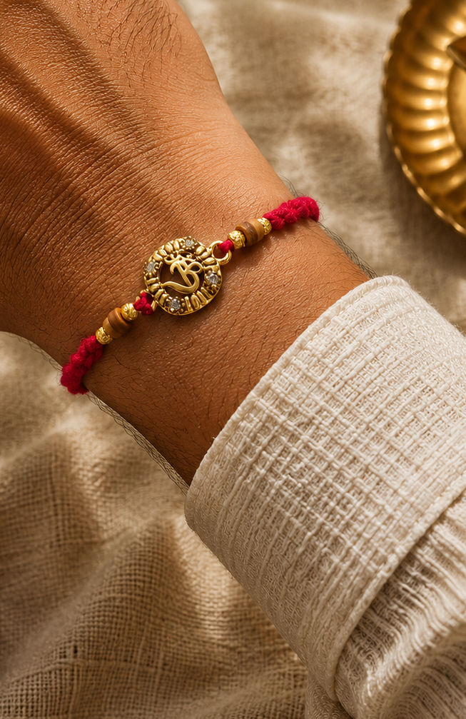 Radiating Om rakhi with rice, haldi & kum kum dibbi gift pack.