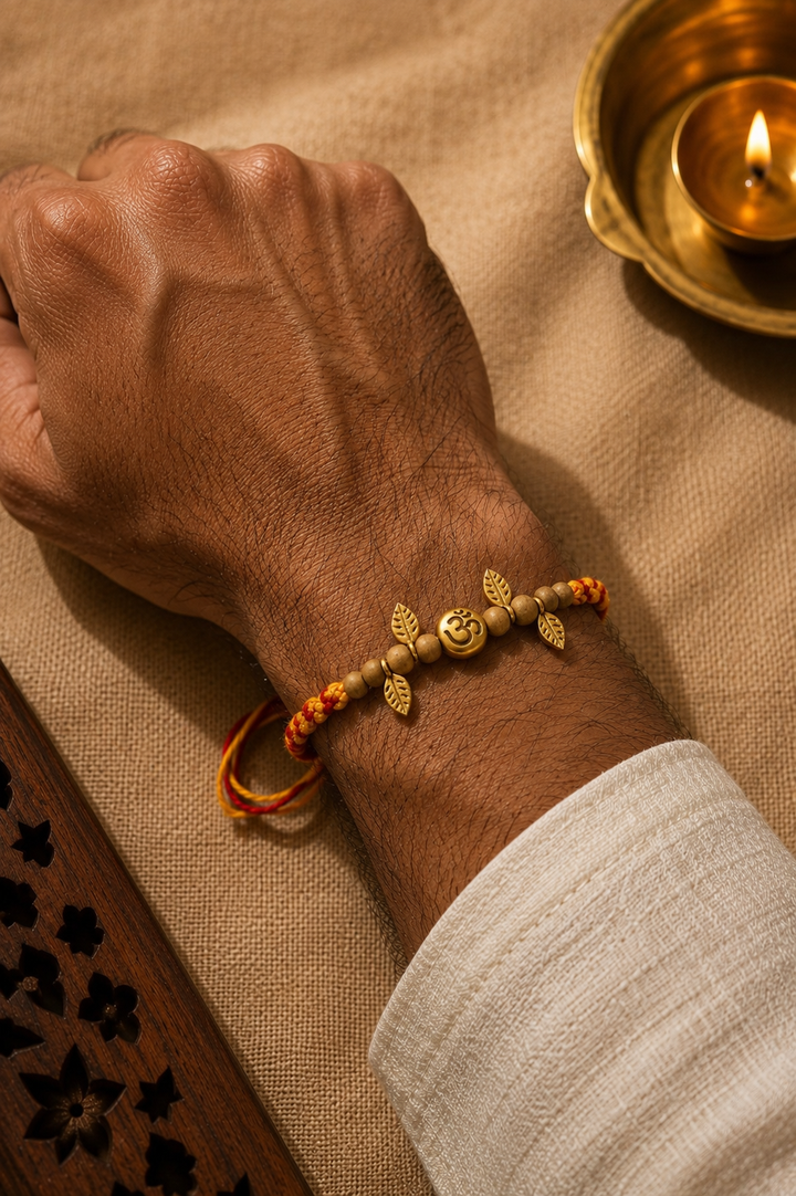 Om tassel Rakhi with rice, haldi & kum kum dibbi gift pack