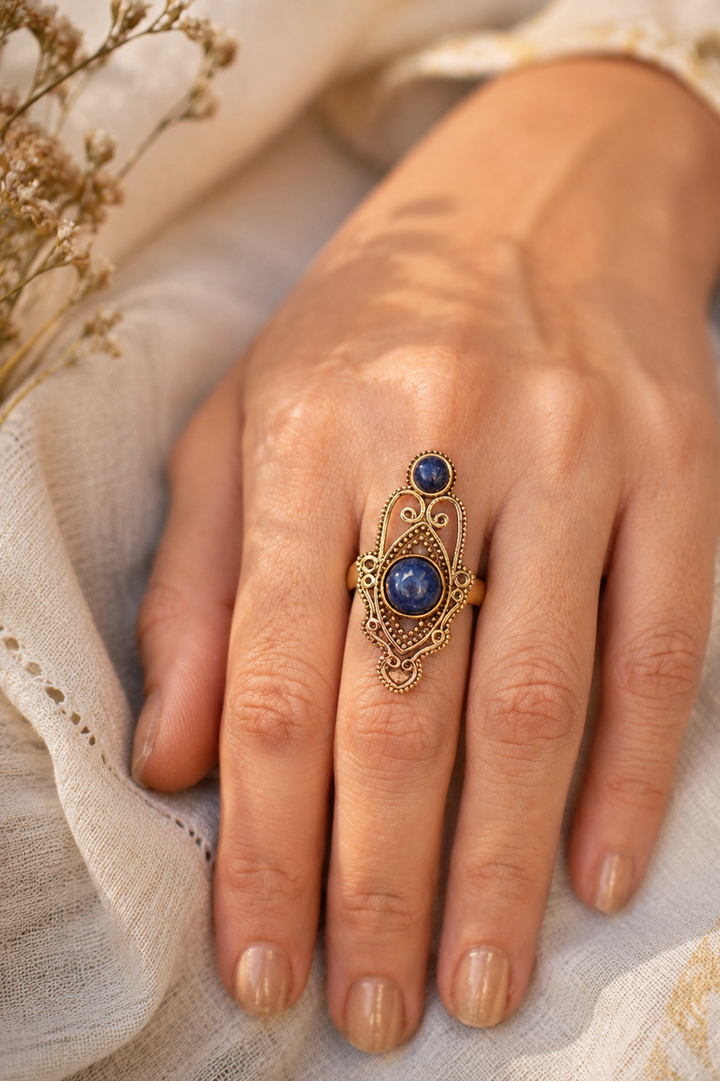 Ethnic Intricate Lapis Brass Ring. Size 5-8| Non-Adjustable
