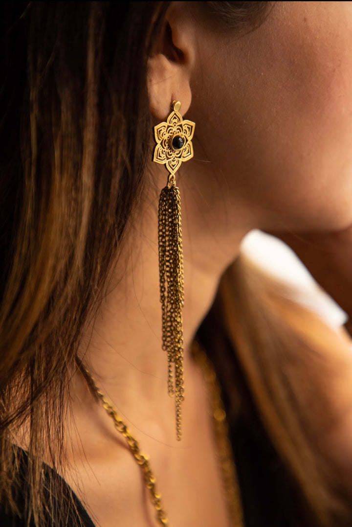 Black onyx mandala long necklace +Mandala drop earrings combo (2)